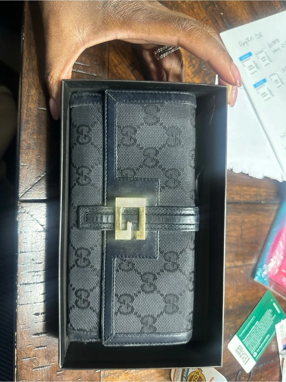 Gucci Black Canvas Wallet with Gold-Tone GG Buckle - Picture 8 of 9
